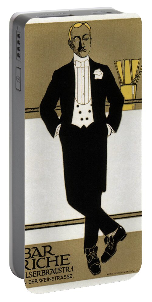 Bar Riche Portable Battery Charger featuring the mixed media Bar Riche - Gentleman In Tuxedo - Vintage Advertising Poster by Studio Grafiikka