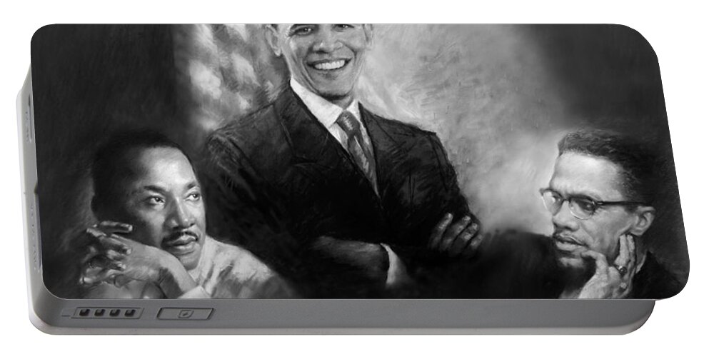 Barack Obama Portable Battery Charger featuring the pastel Barack Obama Martin Luther King Jr and Malcolm X by Ylli Haruni