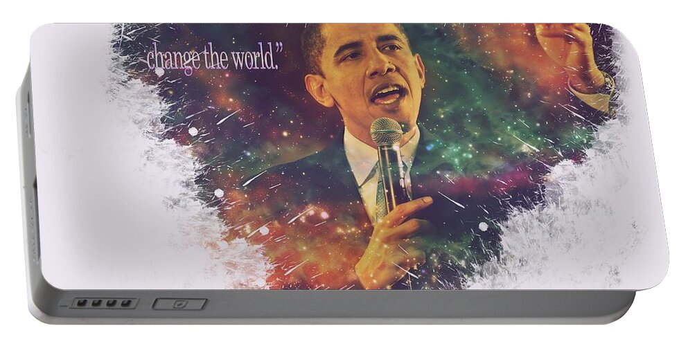 President Barack Obama Portable Battery Charger featuring the painting Barack Obama Quote Digital Cosmic Artwork by Georgeta Blanaru