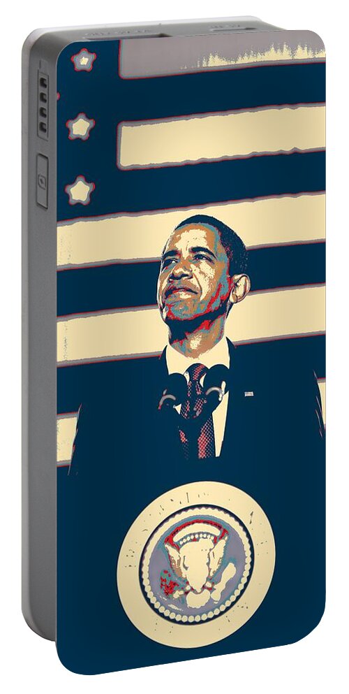 Barack Obama With American Flag 4 Portable Battery Charger featuring the painting Barack Obama With American Flag 4 by Celestial Images
