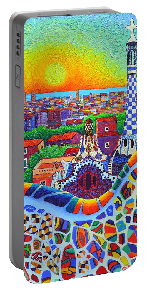 Barcelona Portable Battery Charger featuring the painting Barcelona Park Guell Sunrise Gaudi Tower Textural Impasto Knife Oil Painting By Ana Maria Edulescu by Ana Maria Edulescu