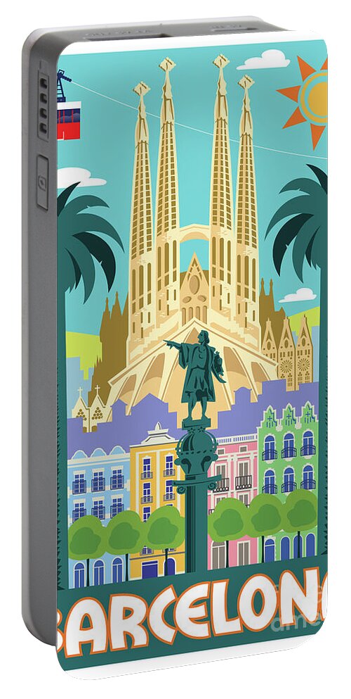 #faatoppicks Portable Battery Charger featuring the digital art Barcelona Poster - Retro Travel by Jim Zahniser