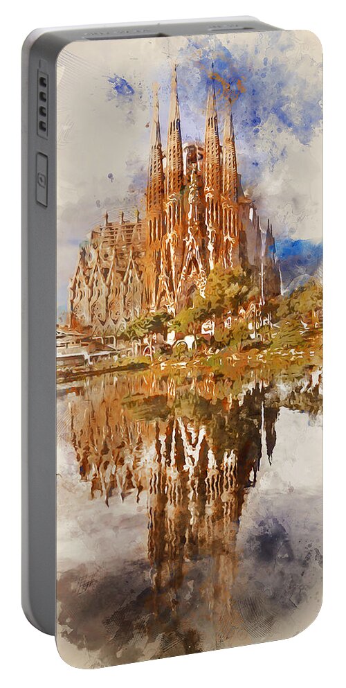 Sagrada Familia Portable Battery Charger featuring the painting Barcelona, Sagrada Familia - Watercolor 04 by AM FineArtPrints