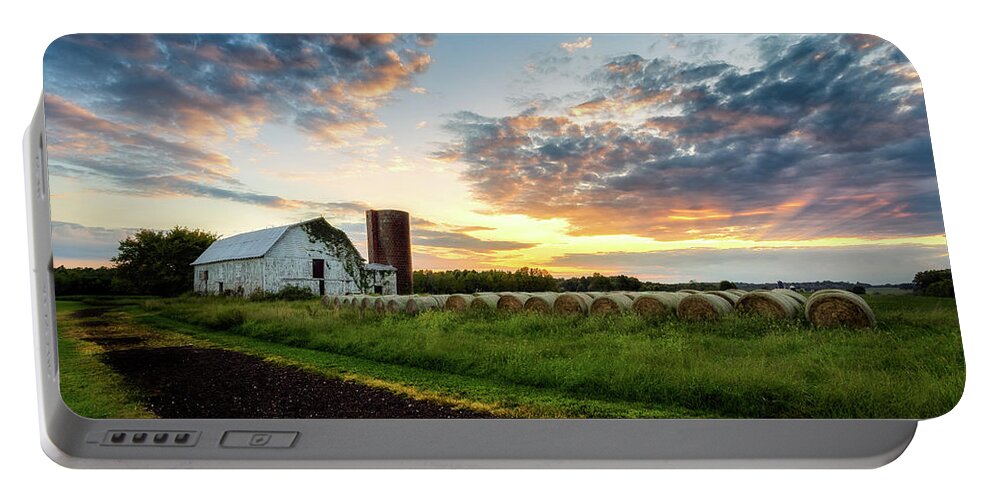 Heart Of The First Day’s Battlefield Portable Battery Charger featuring the photograph Barn and Bales by C Renee Martin