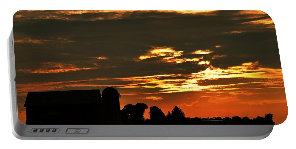 Barn Portable Battery Charger featuring the digital art Barn and Silo at sunset by Robert Habermehl