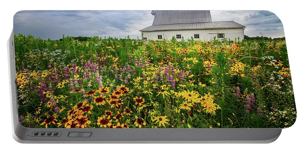 Gloriosa Daisy Portable Battery Charger featuring the photograph Barn and Wildflowers by Ron Pate
