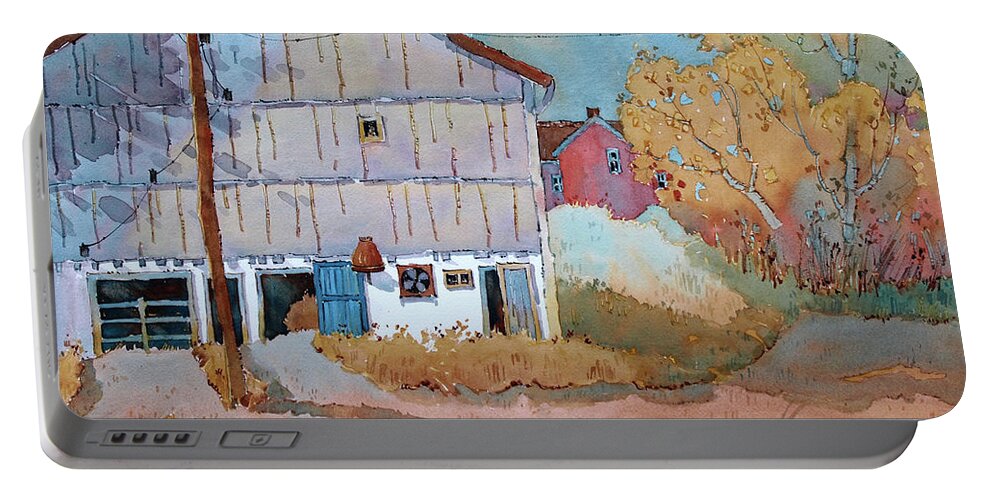 Barn Portable Battery Charger featuring the painting Barn Door Whimsy by Joyce Hicks