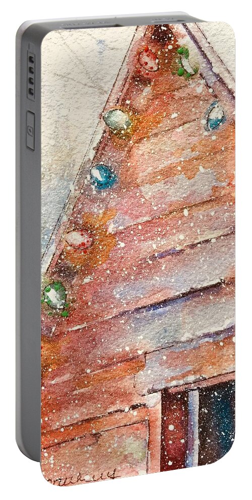 Christmas Cards By Rebecca Matthews Portable Battery Charger featuring the painting Barn in snow by Rebecca Matthews