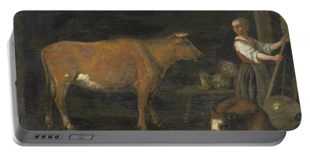 Attributed To Abraham Pietersz. Van Calraet (dordrecht 1642-1722) A Barn Interior With A Milkmaid And Cattle Portable Battery Charger featuring the painting Barn Interior With A Milkmaid And Cattle by MotionAge Designs