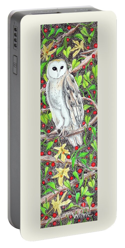 Lise Winne Portable Battery Charger featuring the painting Barn Owl with Lattice Work of Branches by Lise Winne