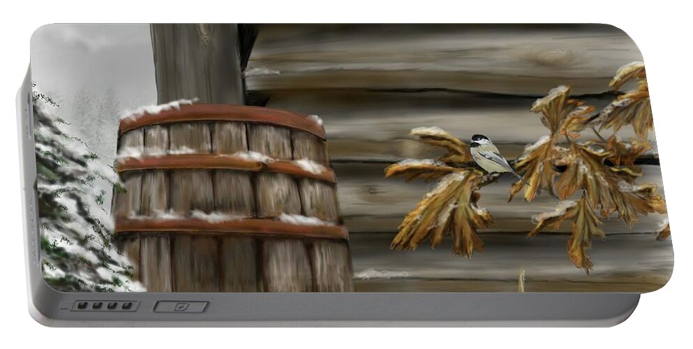 Chickadee Portable Battery Charger featuring the digital art Barnyard Barrel and Chickadee by Darren Cannell
