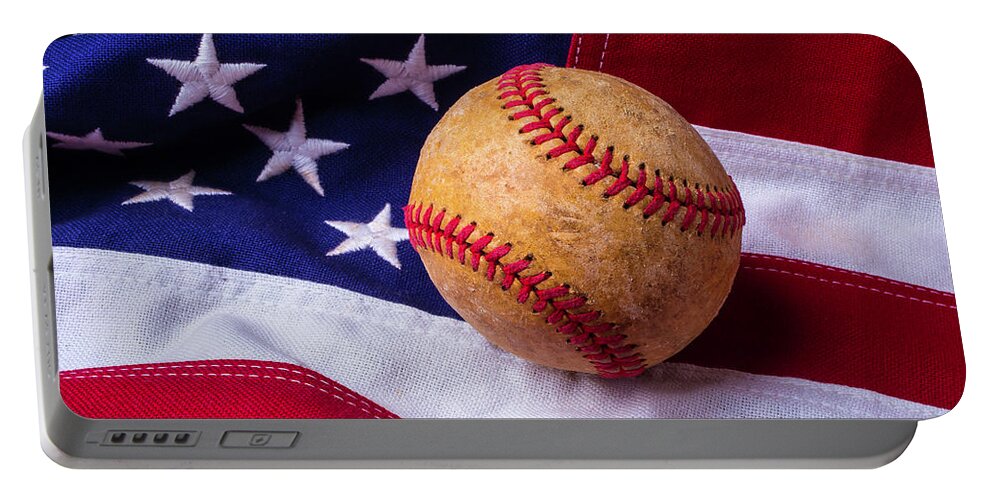 Baseballs Portable Battery Charger featuring the photograph Baseball And American Flag by Garry Gay
