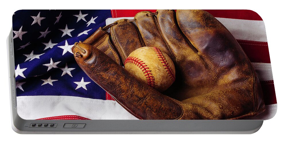 Baseballs Portable Battery Charger featuring the photograph Baseball Mitt And American Flag by Garry Gay