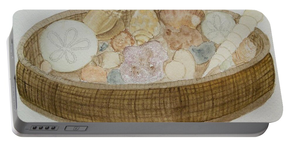 Sea Shells Portable Battery Charger featuring the painting Basket of Beach Memories by Susan Nielsen