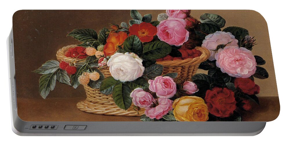 Basket Of Roses Portable Battery Charger featuring the painting Basket of Roses by johan Laurentz