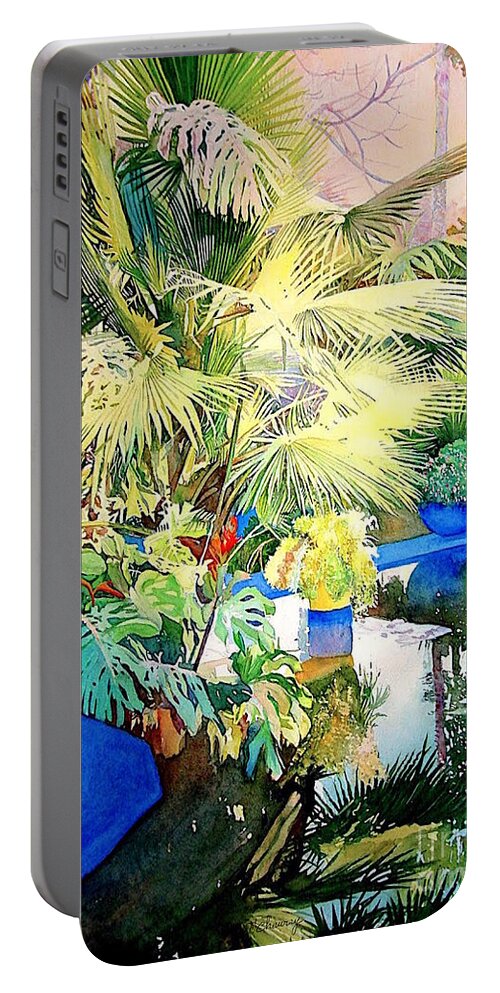  Exotic Portable Battery Charger featuring the painting Bassin - Jardin Majorelle - Marrakech - Maroc by Francoise Chauray