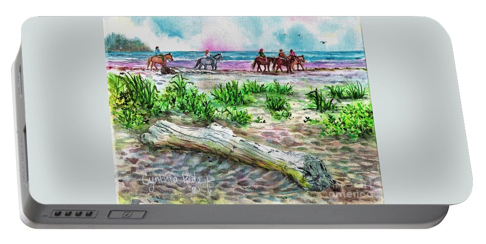 Beachscape #4 Portable Battery Charger featuring the painting Beach Horseback Riding by Cynthia Pride