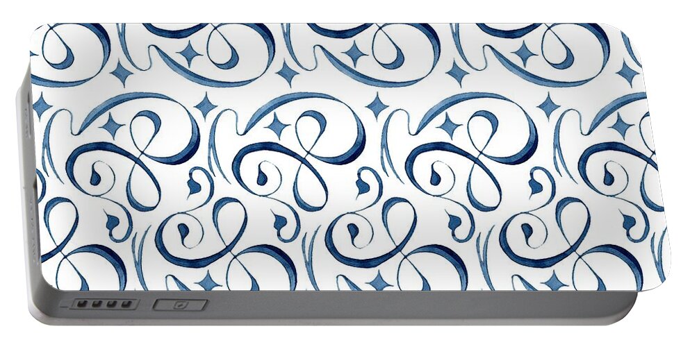 Indigo Blue Portable Battery Charger featuring the painting Beach House Indigo Star Swirl Scroll Pattern by Audrey Jeanne Roberts