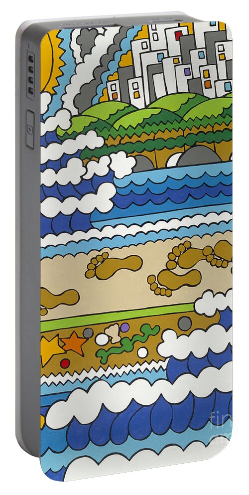 City Buildings Portable Battery Charger featuring the painting Beach Walk Foot Prints by Rojax Art