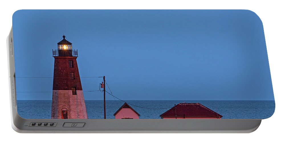 Judith Portable Battery Charger featuring the photograph Beacon in the Night Judith Point Lighthouse Narragansett Rhode Island RI Blue Hour by Toby McGuire