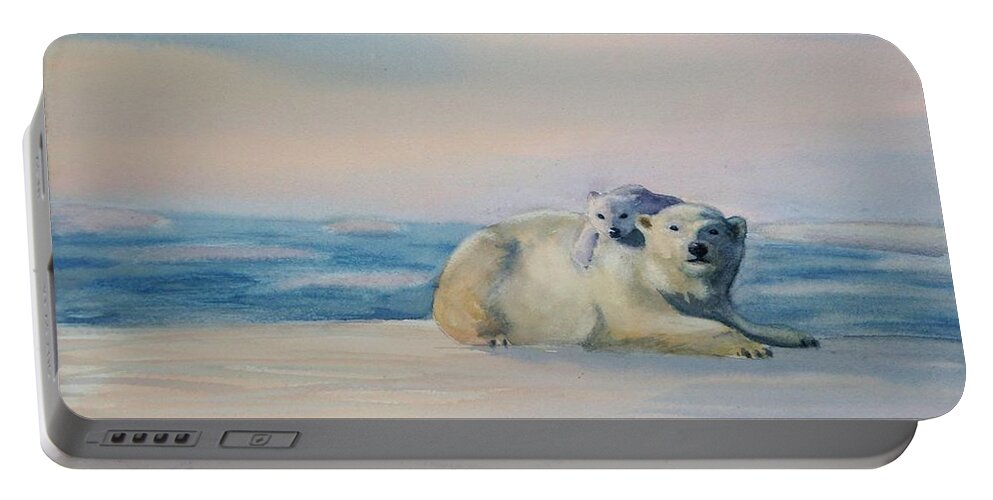Polar Bear Portable Battery Charger featuring the painting Bear Hug by Petra Burgmann