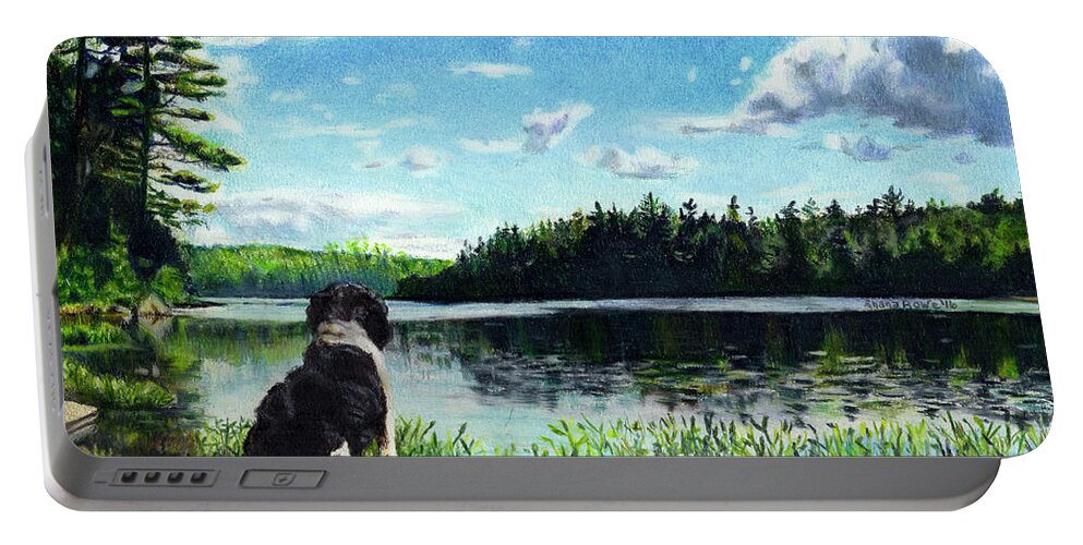 Spaniel Portable Battery Charger featuring the drawing Beasley on Black Pond by Shana Rowe Jackson