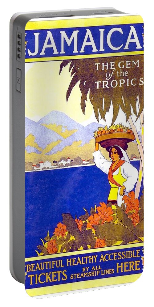 Jamaica Portable Battery Charger featuring the painting Beautiful Jamaican Landscape Illustration - Vintage Travel Poster - Gem of the Tropics by Studio Grafiikka