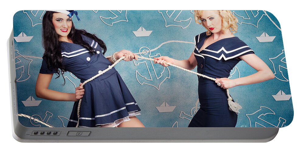 Retro Portable Battery Charger featuring the digital art Beautiful navy pinup girls on marine background by Jorgo Photography