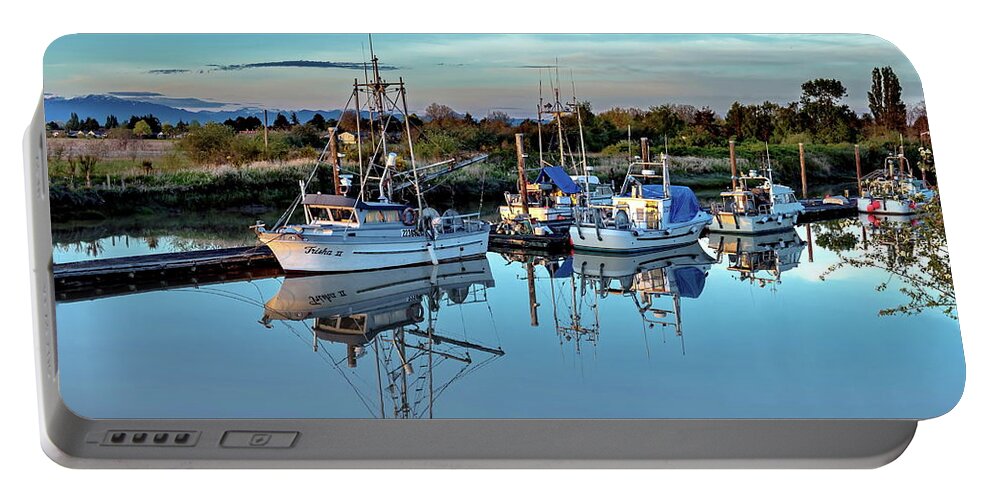 Alex Lyubar Portable Battery Charger featuring the photograph Beautiful reflection of Fishing Boats by Alex Lyubar
