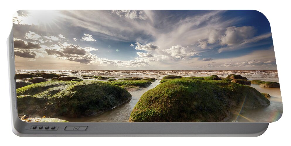 Sand Portable Battery Charger featuring the photograph Beautiful seaweed rock outcrops on Norfolk coast by Simon Bratt