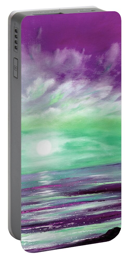 Sunset Portable Battery Charger featuring the painting Because You Deserve Color - Vertical Purple and Green Sunset by Gina De Gorna