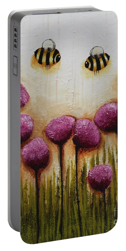 Whimsical Portable Battery Charger featuring the painting Bee Happy by Lucia Stewart
