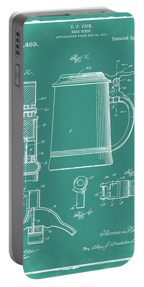Beer Portable Battery Charger featuring the digital art Beer Stein Patent 1914 in Green by Bill Cannon