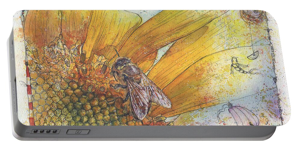 Bees Portable Battery Charger featuring the painting Bees and Sunflower by Petra Rau