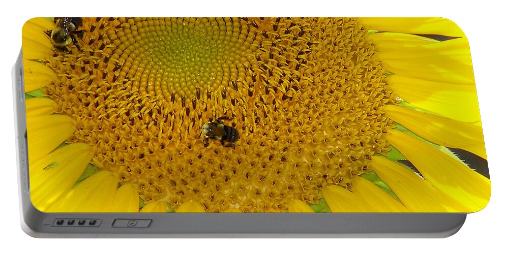 Sunflower Portable Battery Charger featuring the photograph Bees Share A Sunflower by Sandi OReilly