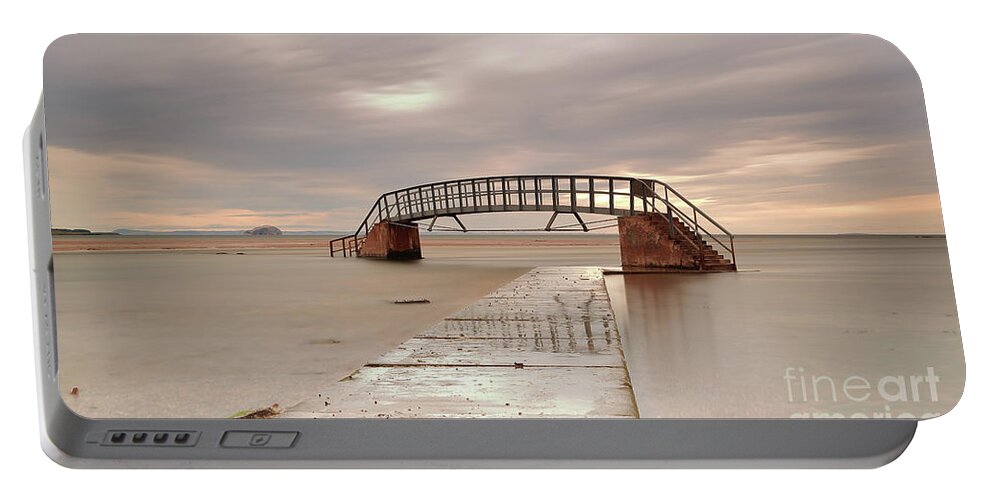 Bridge Portable Battery Charger featuring the photograph Belhaven Stairs and The Bass at Low Tide by Maria Gaellman