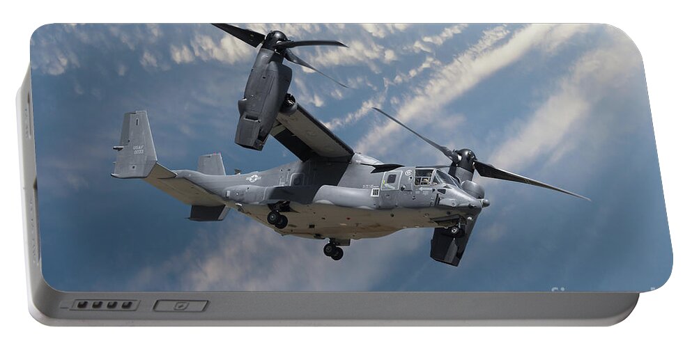 Osprey Portable Battery Charger featuring the photograph Bell Boeing Osprey V-22 helicopter close up view flying by Simon Bratt