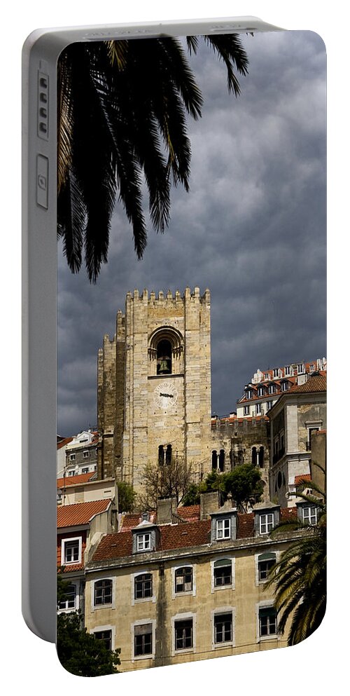 Lisbon Portable Battery Charger featuring the photograph Bell Tower Against Roiling Sky by Lorraine Devon Wilke