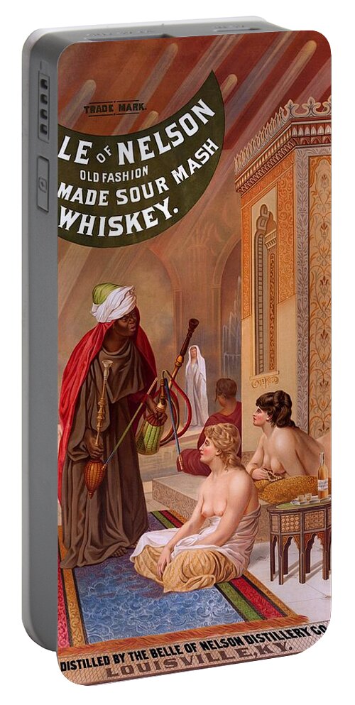 Whiskey Portable Battery Charger featuring the painting Belle of Nelson old fashion home made sour mash whiskey, advertising poster, 1883 by Vincent Monozlay