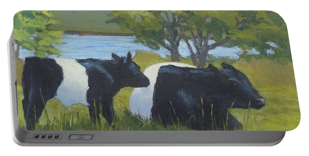 Belted Galloway Portable Battery Charger featuring the painting Belted Galloway and Calf by Bill Tomsa