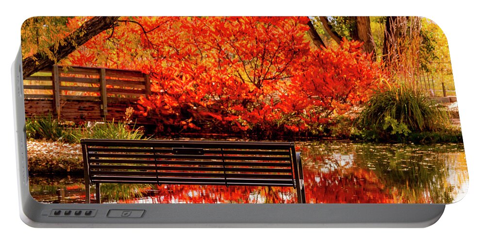 Hudson Gardens Portable Battery Charger featuring the photograph Bench by the Pond by Teri Virbickis
