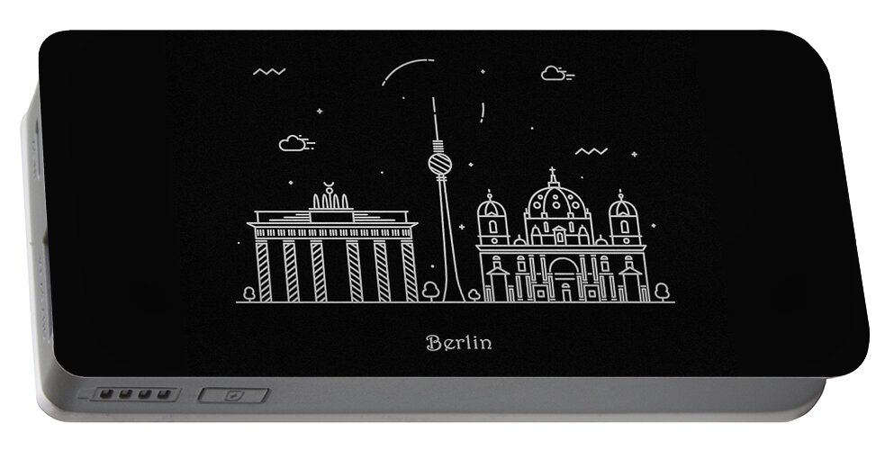 Berlin Portable Battery Charger featuring the drawing Berlin Skyline Travel Poster by Inspirowl Design