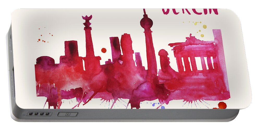 Berlin Portable Battery Charger featuring the painting Berlin Skyline Watercolor Poster - Cityscape Painting Artwork by Beautify My Walls