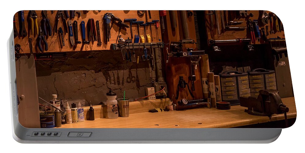 Bicycle Portable Battery Charger featuring the photograph Bicycle Shop Bench by Derek Dean