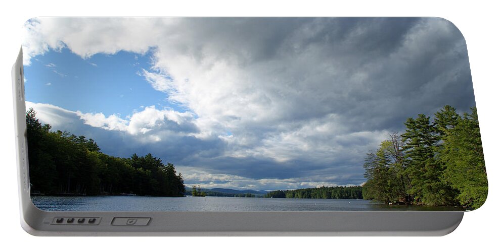 Island Lake Water Sky Clouds Maine Autumn Seasonal Trees Woods Recreation Nature Beauty Peace Serenity Solitude Texture Boating Color Earth Environment Landscape Background Scenic Light Reflections Sensuous Country Patterns Panorama Expanse Wild Unspoiled Inspiration Tranquil Wilderness Tactile Idyllic Pastoral Outdoors Inspirational Meditative Peaceful Travel Hiking Canoeing Twilight Portable Battery Charger featuring the photograph Big Brooding Sky by Lynda Lehmann