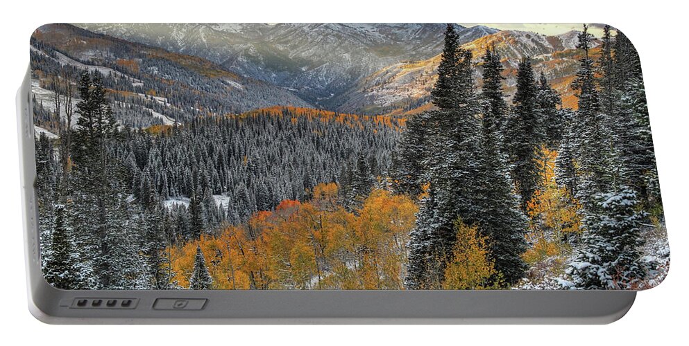 Utah Portable Battery Charger featuring the photograph Big Cottonwood Canyon Early Snow and Fall Color by Brett Pelletier