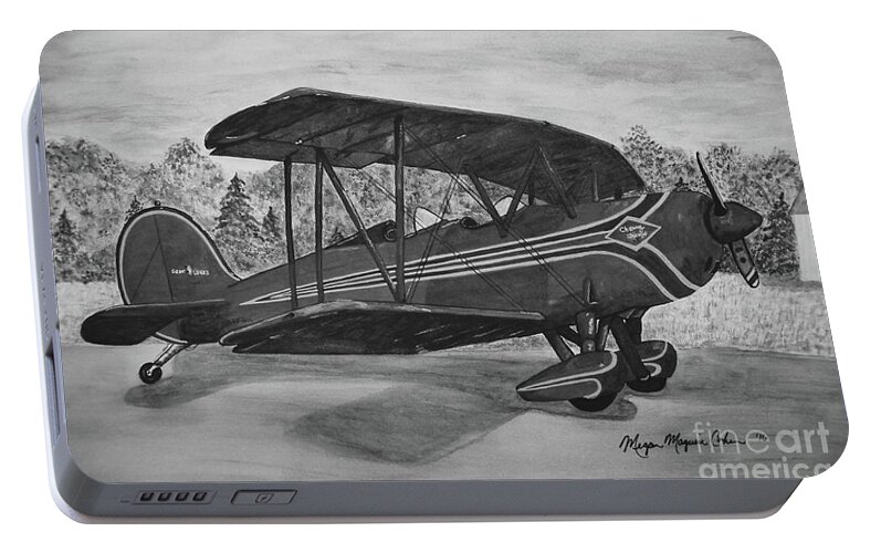 Biplane Portable Battery Charger featuring the painting Biplane in Black and White by Megan Cohen