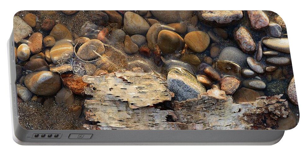 Abstract Portable Battery Charger featuring the digital art Birch Bark And Ice In The Creek Four by Lyle Crump