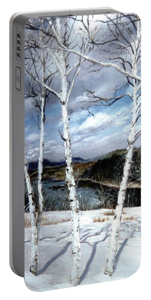 Winter Landscape Portable Battery Charger featuring the painting Birches in Winter White by Marie Witte