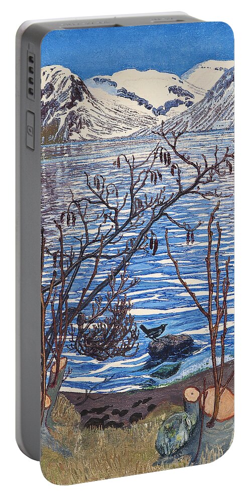 Astrup Portable Battery Charger featuring the painting Bird on a Stone by MotionAge Designs